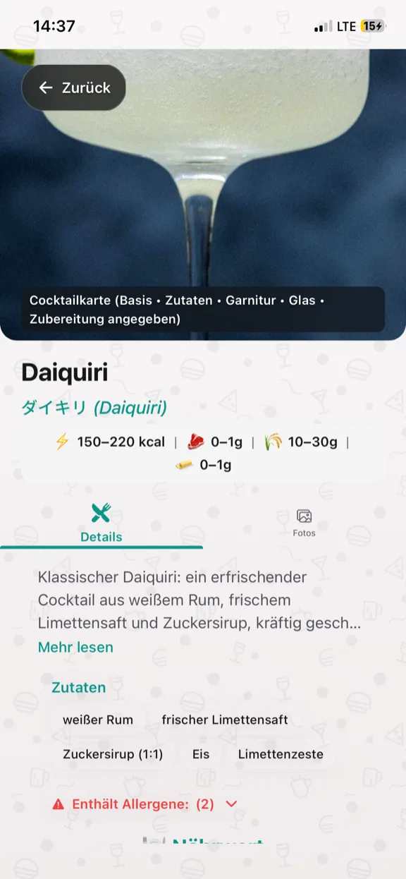 ScanYum Cocktail-Modus — Zutaten, Basisspirituose, Geschmacksprofil