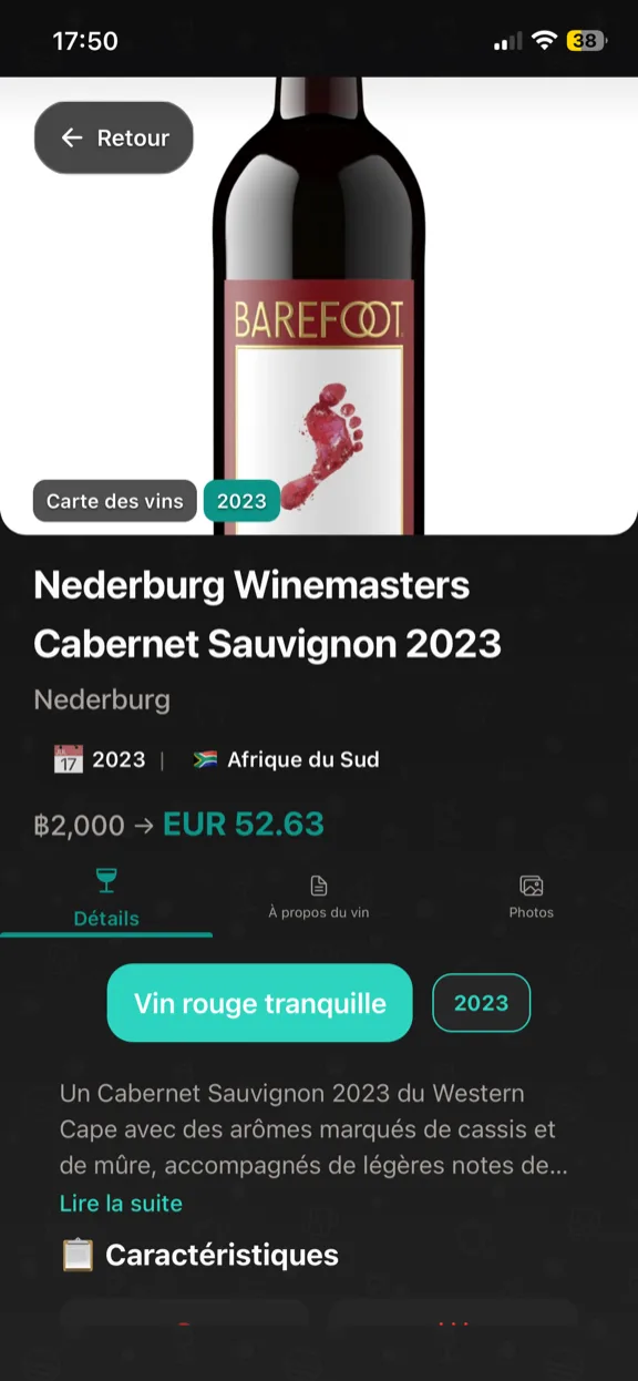 ScanYum Mode vin — millésime, cépages, notes de dégustation