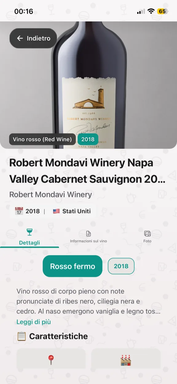 ScanYum Modalità Vino — annata, vitigni, note di degustazione