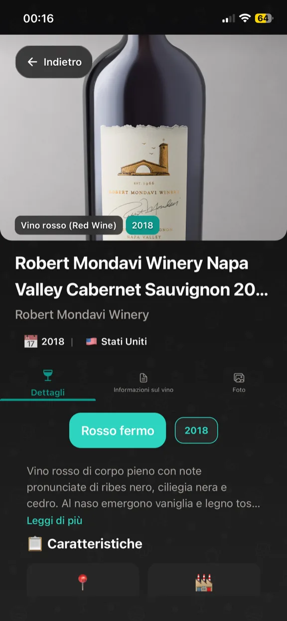 ScanYum Modalità Vino — annata, vitigni, note di degustazione