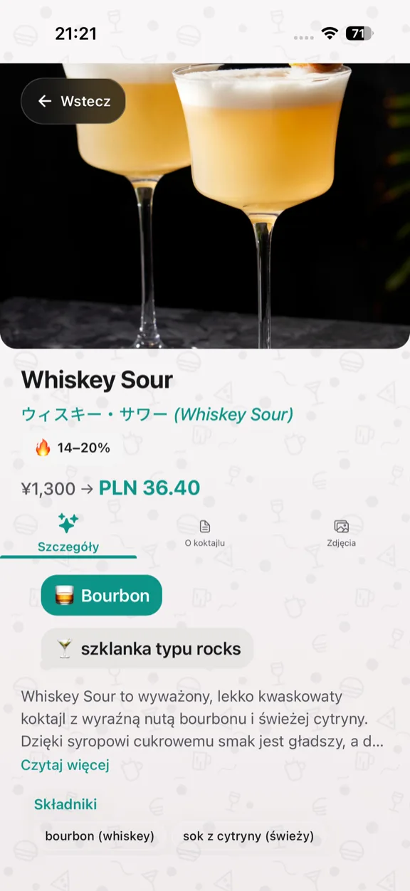 ScanYum Tryb koktajle — składniki, bazowy alkohol, profil smakowy